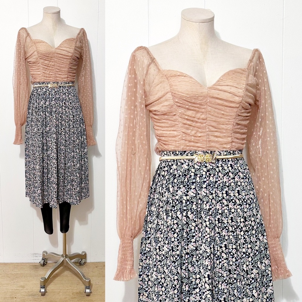 Sheer Nude Polka Dot Long Sleeve Corset Cropped Top | Modern
